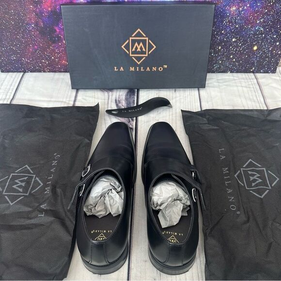 La Milano Men’s Double Monk Strap Black Leather Formal Dress Shoes Sz 9.5 - Picture 2 of 16